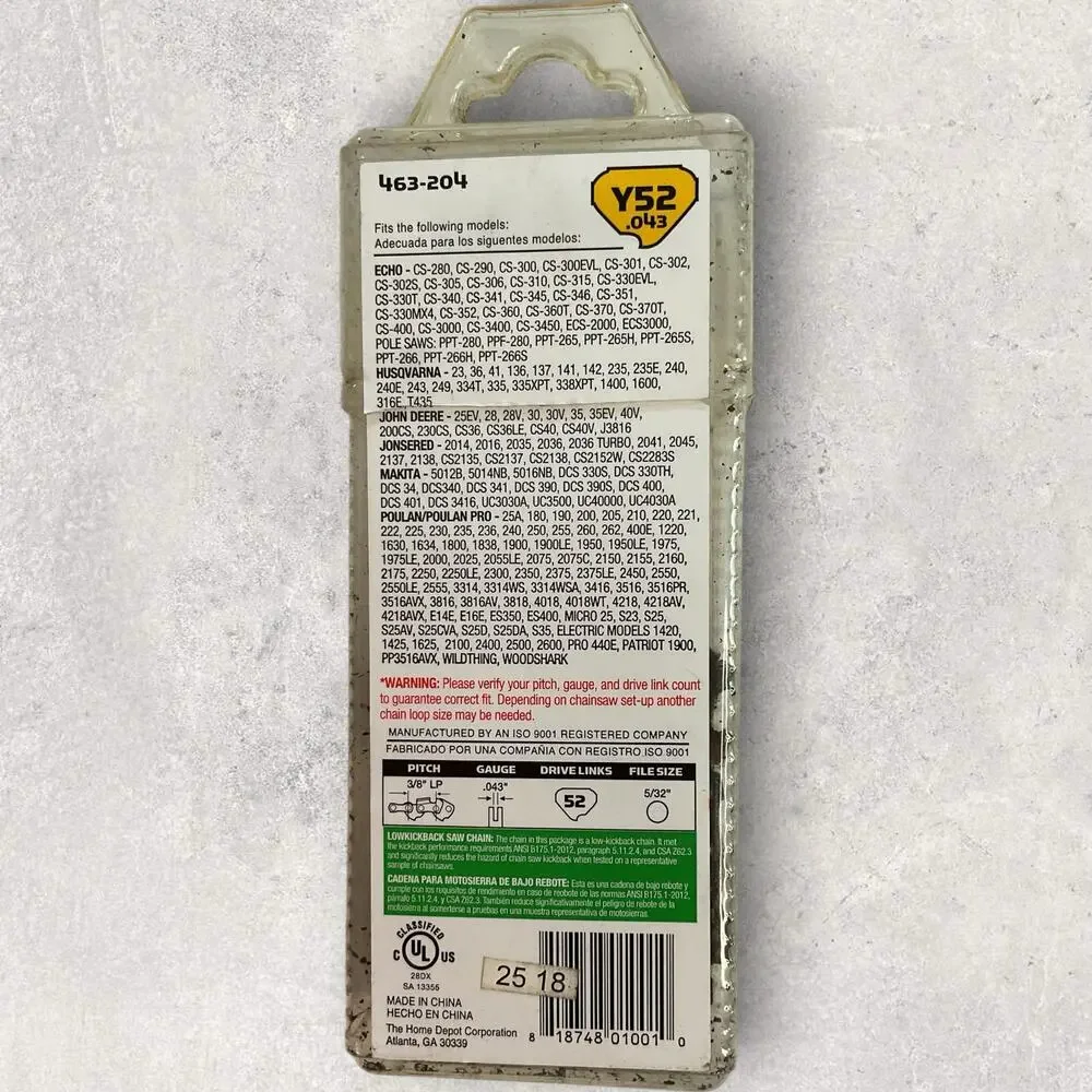 PowerCare 14 in Semi Chisel Chainsaw Chain Y52 .043 3/8 LP 52 DL